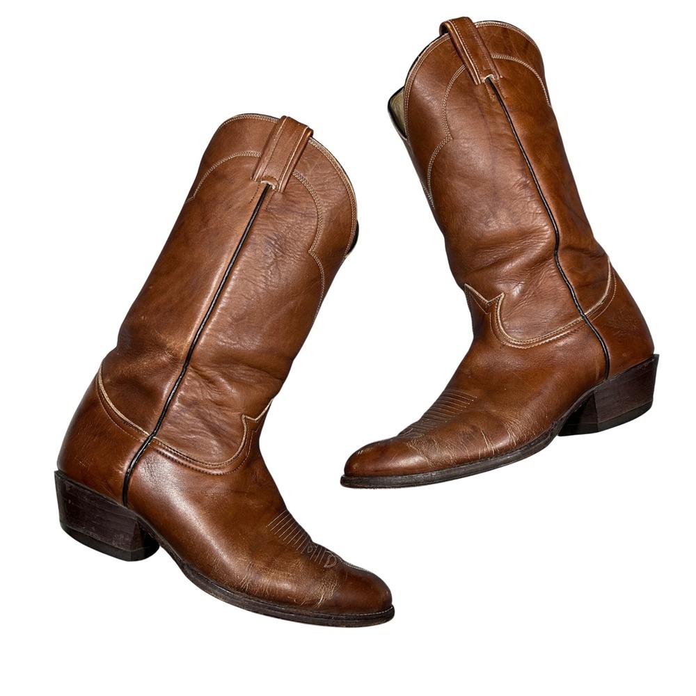 70s Tony Lama Cognac Brown Leather Western Cowboy Boots Made in USA Size 9 VTG